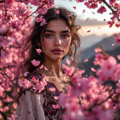 The primary subject of the image is a woman with long hair, who is posing in front of a tree filled with pink flowers. The setting is outdoors, with the woman standing in front of the tree. The visual style of the image is a photo, capturing the woman's beauty and the vibrant colors of the flowers. The colors and mood of the image are predominantly pink, creating a warm and inviting atmosphere.